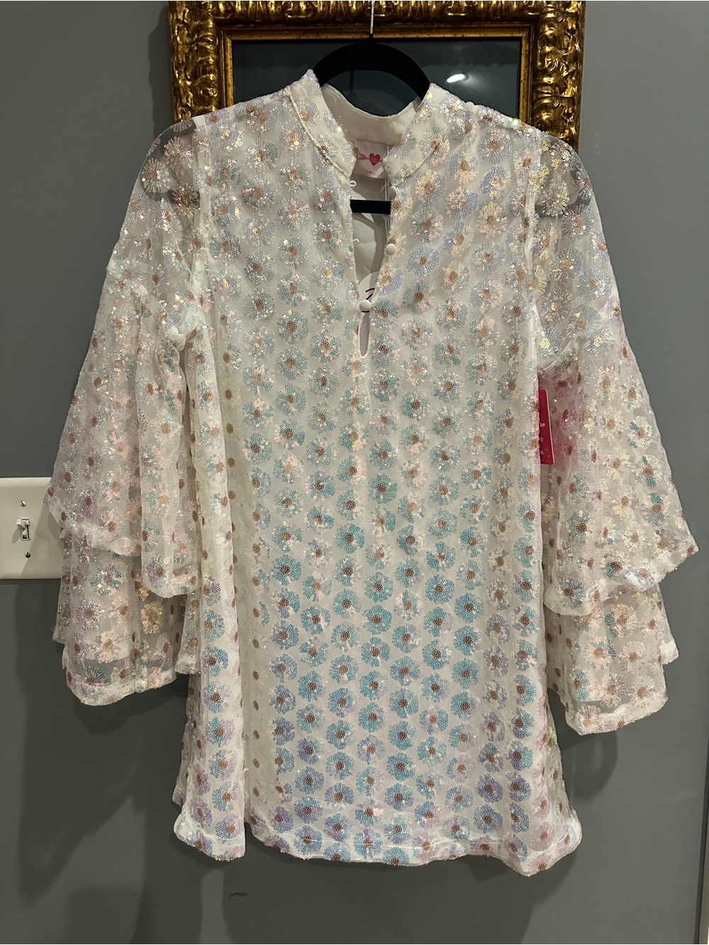 Buddy Love 🤍 White Iridescent Sequin Floral Tunic Dress NWT